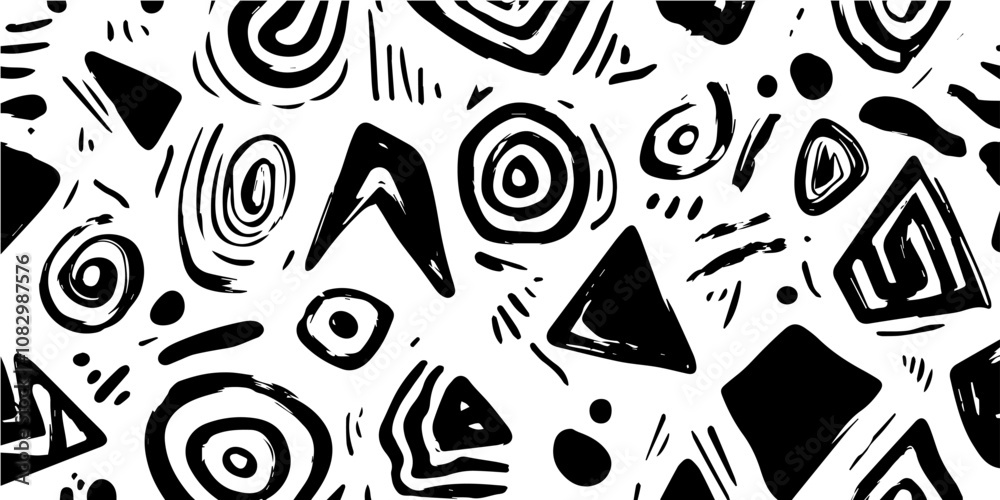 Fototapeta premium An abstract black and white pattern featuring various geometric shapes and dynamic lines, ideal for modern design applications..