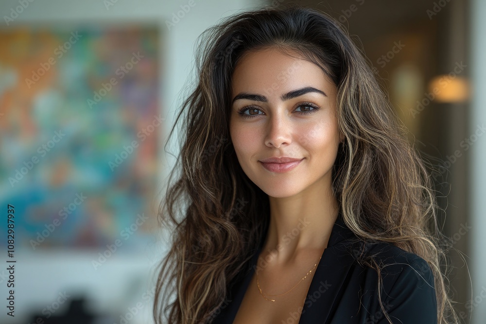 Fototapeta premium Young woman smiling at the camera, wearing casual clothes, blurred background, portrait, happy, modern lifestyle