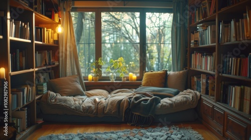 Cozy library nook with a window view, bookshelves, cushions, and warm lighting for reading and relaxation photo