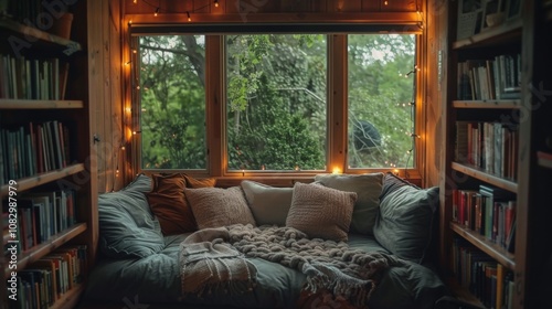 Wooden library nook with a window view, knitted blankets, and warm fairy lights for ultimate relaxation photo