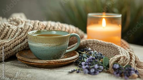 Cup of herbal tea with a knitted blanket, lavender flowers, and a glowing candle for a cozy atmosphere photo