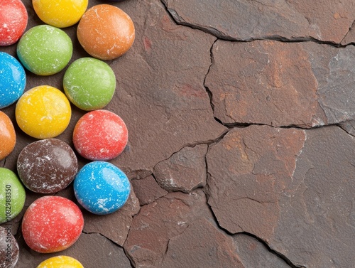 Colorful candy on cracked stone background photo