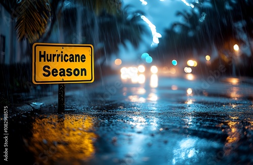 A yellow sign warning of hurricane season stands in the rain at night.