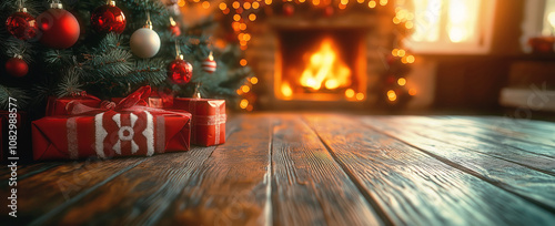 Cozy Christmas scene with wrapped red gifts under decorated tree, glowing fireplace in background, and rustic wooden floor with warm bokeh lights creating festive atmosphere.