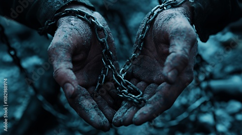 Close-up of dirty hands bound together by chains. photo