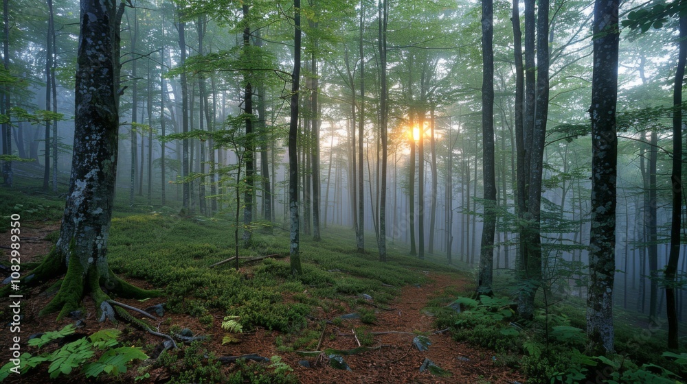 Fototapeta premium Dense Forest Canopy Illuminated by Morning Sunlight