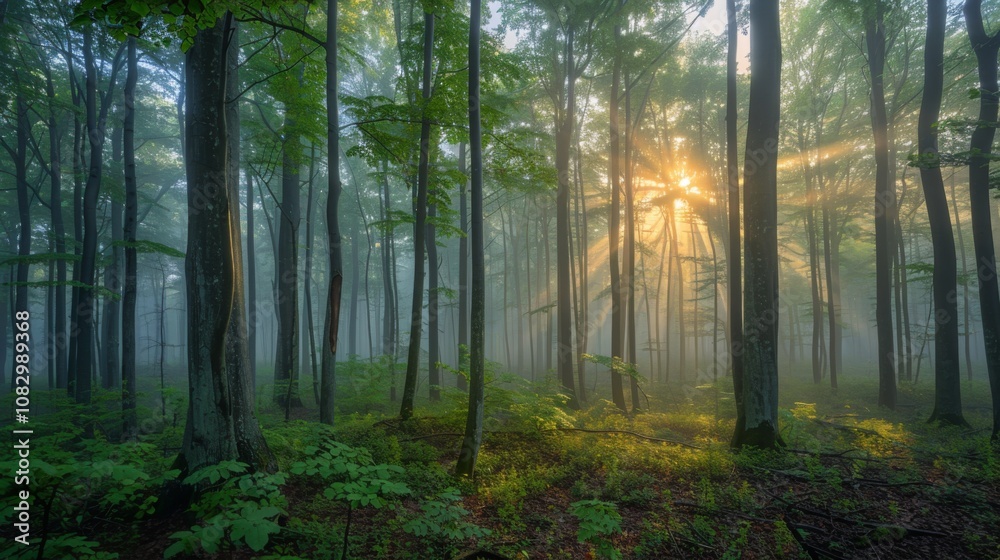 Obraz premium Mystical Sunrise in Foggy Forest with Golden Light