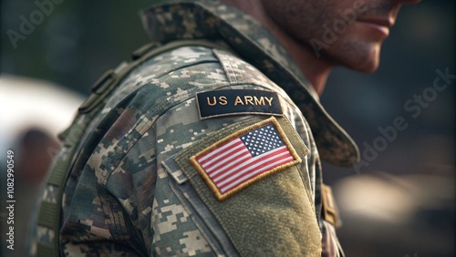 Patriotic Profile of a U.S. Army Soldier at Golden Hour Camouflage Uniform, and Cinematic Lighting Capturing Duty and Honor V3 photo