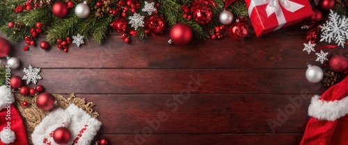 Top down view of the wooden table with Christmas decorations on it