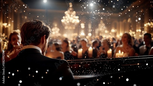 A sophisticated pianist elegantly plays the piano with his back turned to a ritzy, candle-lit ballroom filled with an audience engrossed in the musical ambiance.