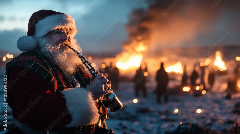 Obraz premium Santa Claus participates in a winter celebration by playing bagpipes amidst a snowy, festive backdrop, contributing to the lively and warm holiday spirit.