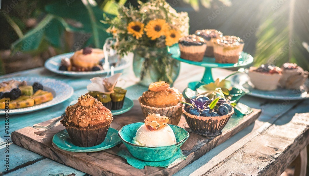 Fototapeta premium Luxury Dessert Table With a Selection of Vegan Cakes, Gluten-Free Muffins, Fresh Fruit, and Coconut Cream Garnishes for an Indulgent and Guilt-Free Dining Experience