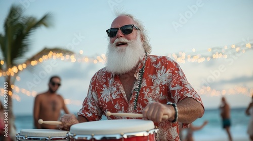 A bearded man in a floral shirt and sunglasses joyfully plays drums as beach lights illuminate the scene, showcasing a zestful beachside vibe at dusk. photo