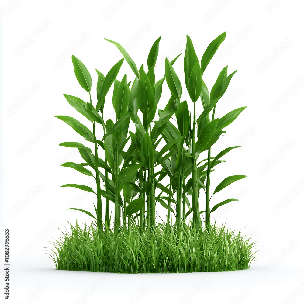 Fototapeta premium Lush green bamboo plants in a patch of grass isolated on white.