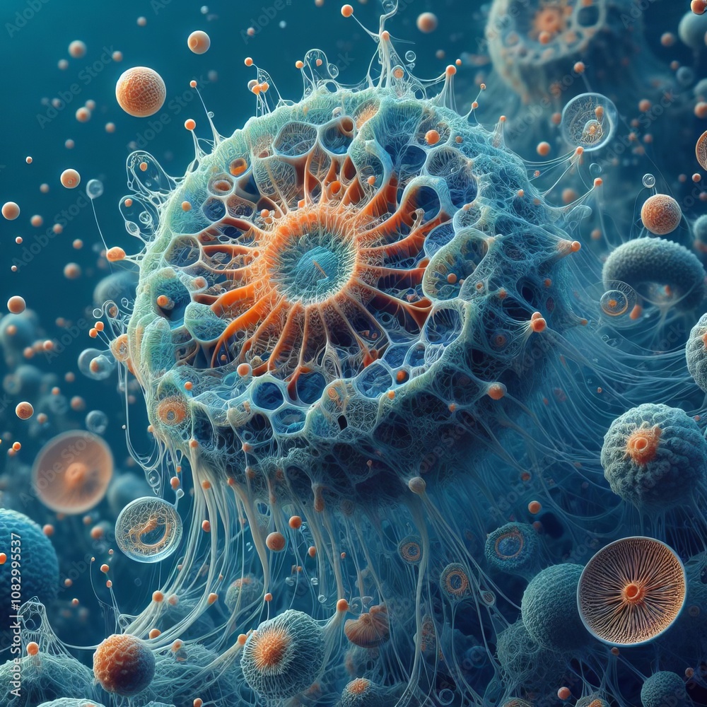 Fototapeta premium A highly detailed microscopic abstract visualization of a cell structure with intricate textures and vivid scientific lighting effects