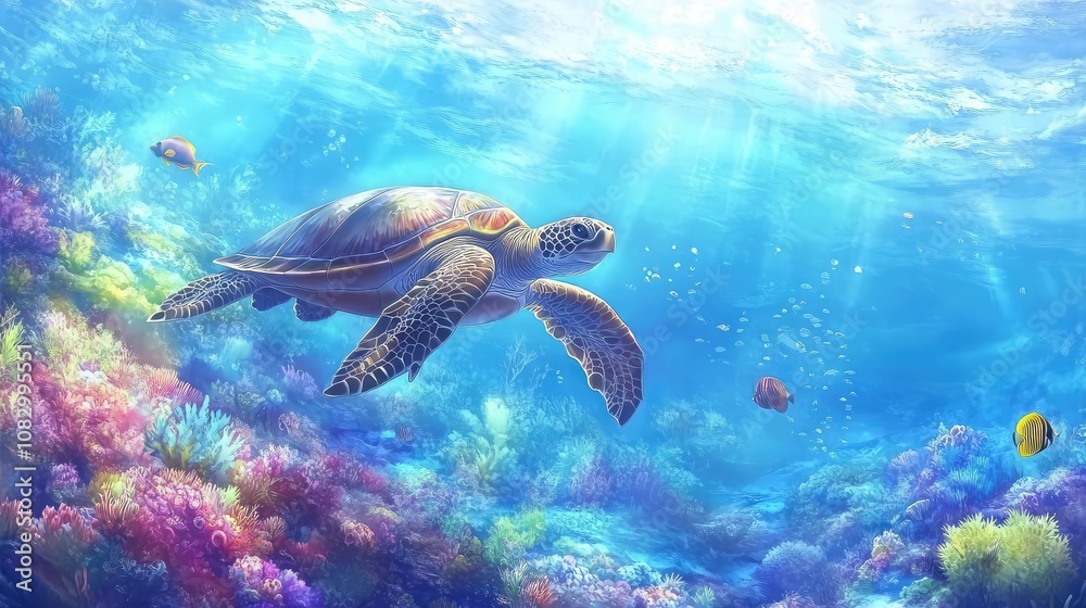 Naklejka premium Majestic Sea Turtle Swimming Gracefully Among Vibrant Coral Reef and Colorful Fish in a Crystal-Clear Ocean Under Sunlit Water Surface