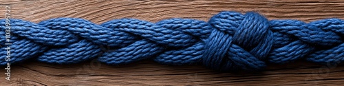 Close-up of a thick blue rope woven into a intricate knot, resting on a rustic wooden surface. photo