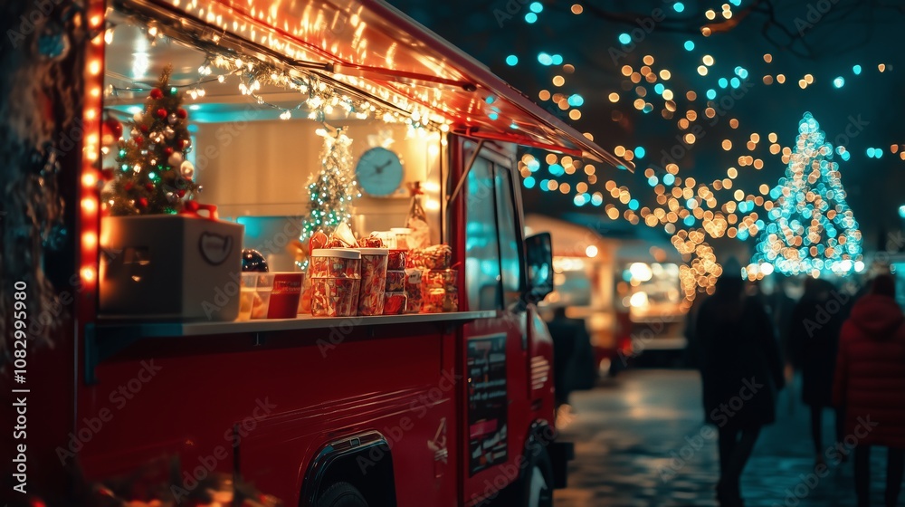 Obraz premium A brightly decorated Christmas food truck at an evening holiday market. The food truck is decorated with garlands and glowing lights, creating a festive atmosphere.