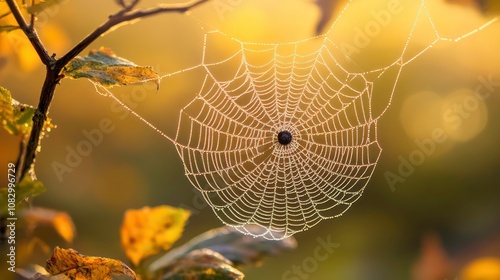 Silken spider web texture glistening with morning dew in a close - up shot