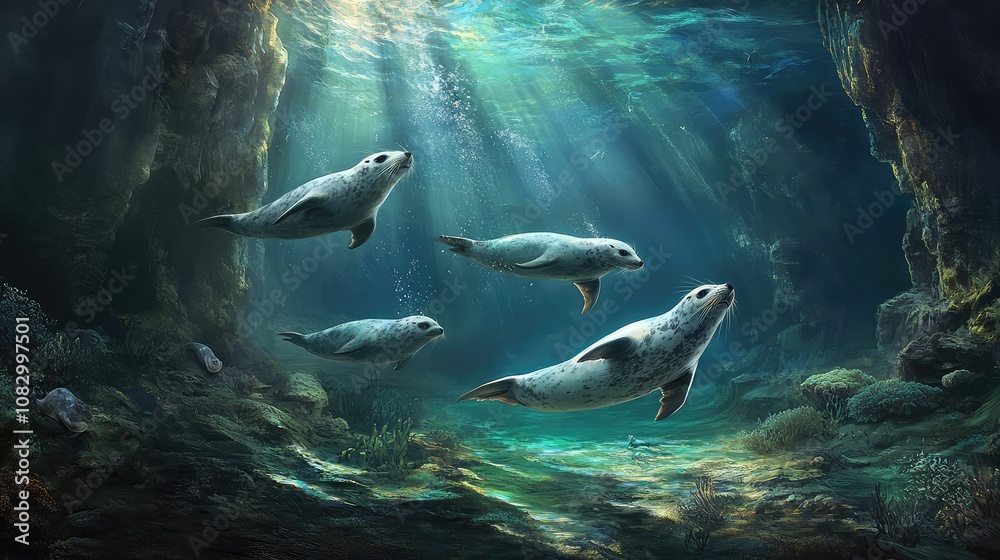 Obraz premium Underwater Scene Featuring Playful Seals Swimming Gracefully Through Sunlit Oceanic Waters Surrounded by Vibrant Marine Life and Rocky Landscape