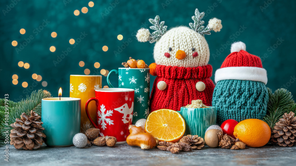Fototapeta premium Cozy Christmas Scene with Colorful Mugs, Festive Decor, and Knitted Snowmen