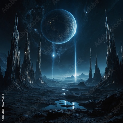 Shrouded in ethereal darkness, an otherworldly artificial planet glows with a mysterious inner light. The main subject of this concept art is a towering, crystalline structure that juts out of the pla photo