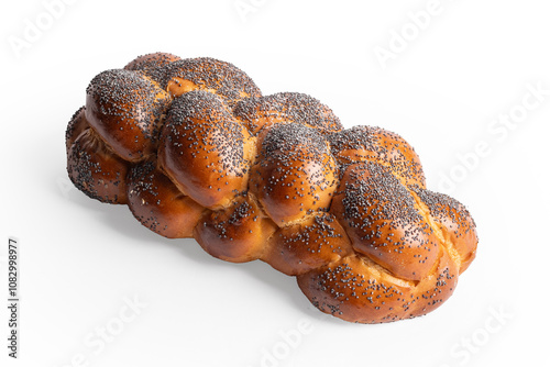 Close up Bread braid with poppy seeds , isolated on white background photo