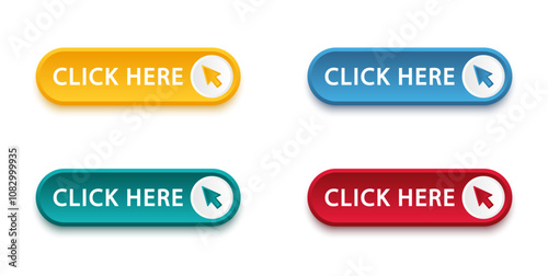 Click here button with arrow pointer clicking icon. Click here vector web button. Web button with action of arrow pointer. Click here, UI button concept. Vector illustration