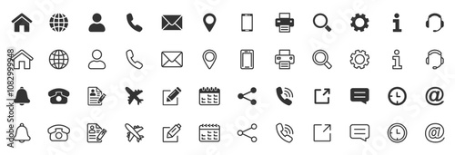 Web icon set. Collection of contact and website icons. Home, location, call, at, email, address, globe, chat, message, mail, telephone, information, support, search. Editable stroke. Contact us icons