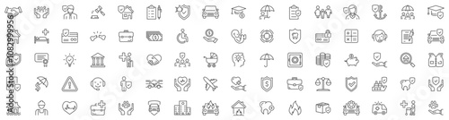 Insurance icons set. Collection of insurance and assurance icons in thin line style. Protection of health, life, property, car, home, travel insurance icons and more. Editable stroke. Vector