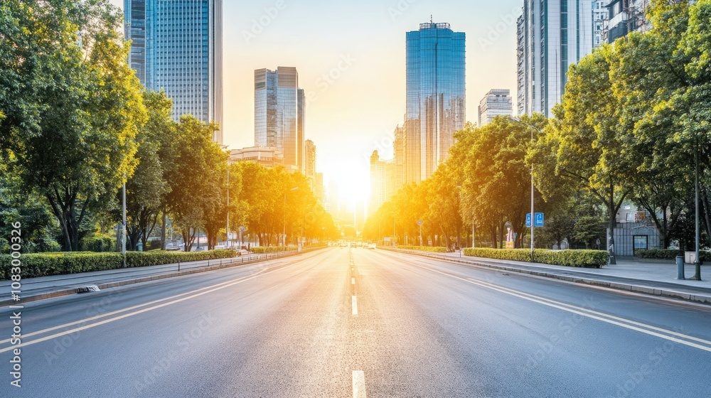 Obraz premium Serene Urban Sunset Over a Quiet Road Surrounded by Lush Green Trees and Majestic Skyscrapers in a Modern Cityscape