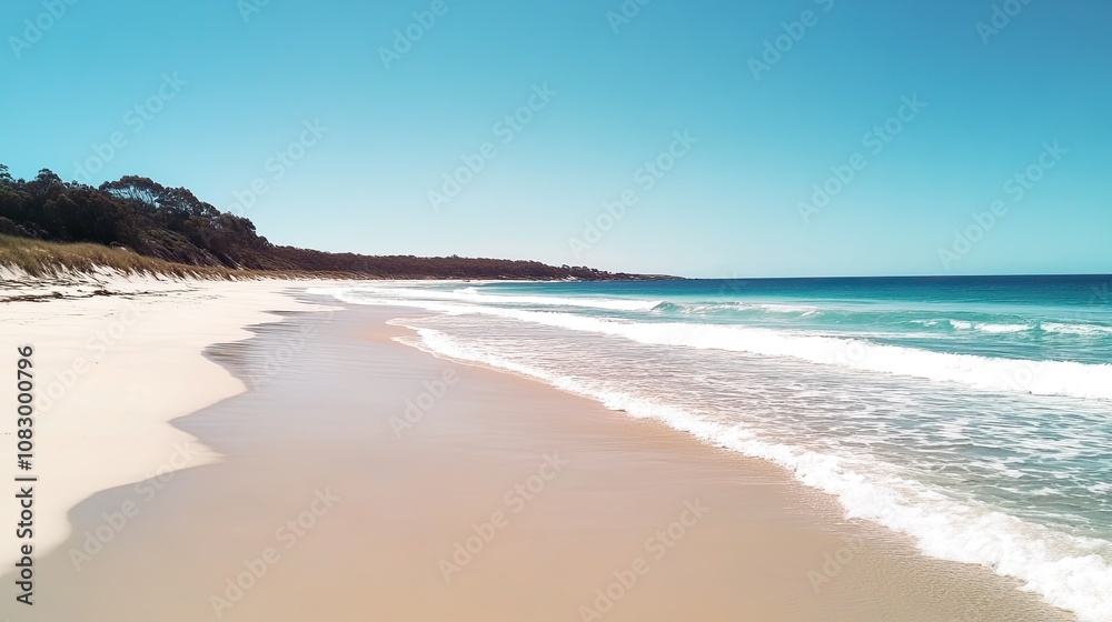 Obraz premium Serene Beach Landscape with Gentle Waves and Clear Blue Sky in a Relaxing Coastal Paradise Ideal for Vacation Destinations and Nature Escapes