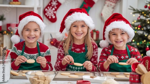 Happy Children Baking Christmas Cookies in Santa Hats and Festive Sweaters