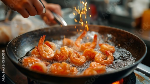 Shrimp sizzling in a hot pan with oil in a kitchen, as a chef uses tongs to cook the seafood on a gas stove. photo