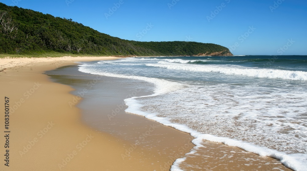 Fototapeta premium Serene beach landscape with golden sand, gentle waves, lush greenery, and clear blue skies, perfect for relaxation and nature appreciation in a coastal paradise