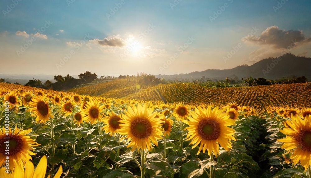 Fototapeta premium Golden Fields of Sunflowers Stretching Toward the Horizon, With Their Faces Turned Toward the Sun Under a Bright Summer Sky, Creating a Picturesque Countryside Scene