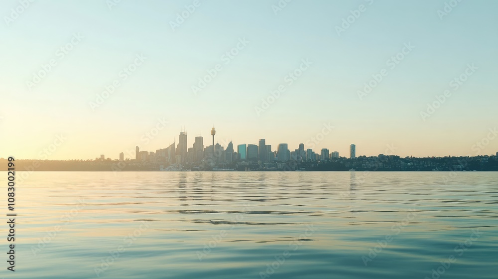 Fototapeta premium Serene City Skyline Reflected in Calm Waters at Sunrise, Emphasizing Urban Silhouettes Against a Beautiful Morning Light