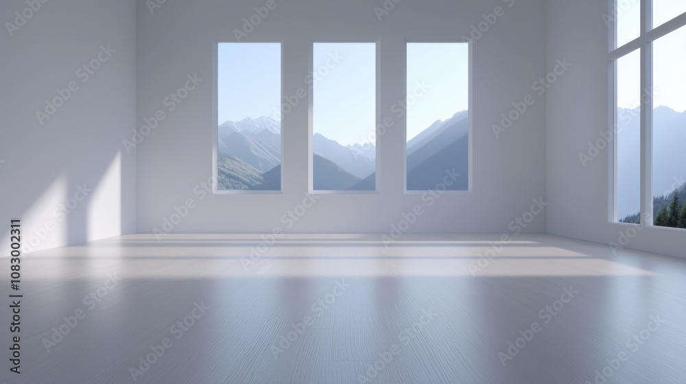 Fototapeta premium A large room with three windows and a view of mountains