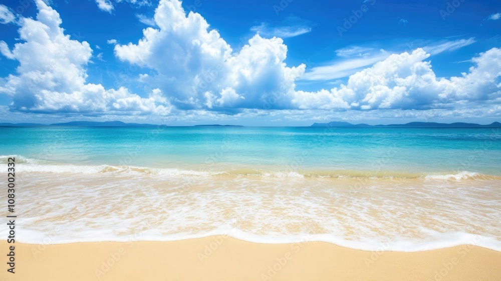 Fototapeta premium Serene Beachscape with Clear Turquoise Waters and Lush White Clouds Surrounded by a Bright Blue Sky Ideal for Relaxation and Vacation Imagery