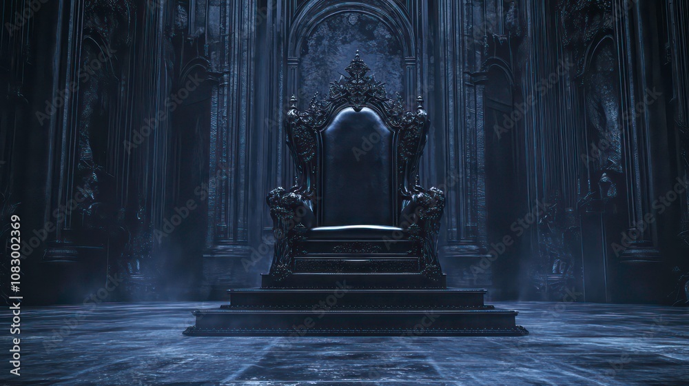 Naklejka premium An imposing, ornate, black throne sits in a grand, dark, and mysterious cathedral, bathed in ethereal blue light.