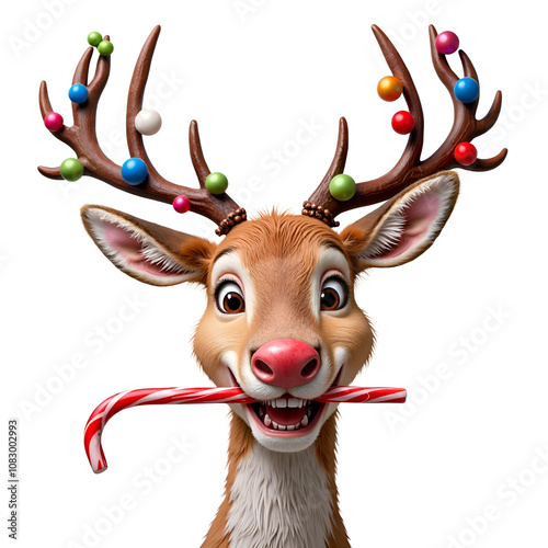 Joyful reindeer with colorful antlers and candy cane, perfect for holiday cheer and festive celebrations, 3d rendering of character design concept. photo