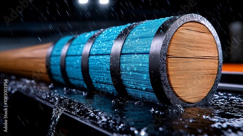 Wallpaper Mural Blue and Brown Wooden Barrel with Metal Bands in Rain Torontodigital.ca