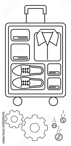 Organized suitcase with shirt, shoes, and folded clothes inside, surrounded by gears and falling coins. Ideal for travel, packing tips, business trips, vacation planning, cost management