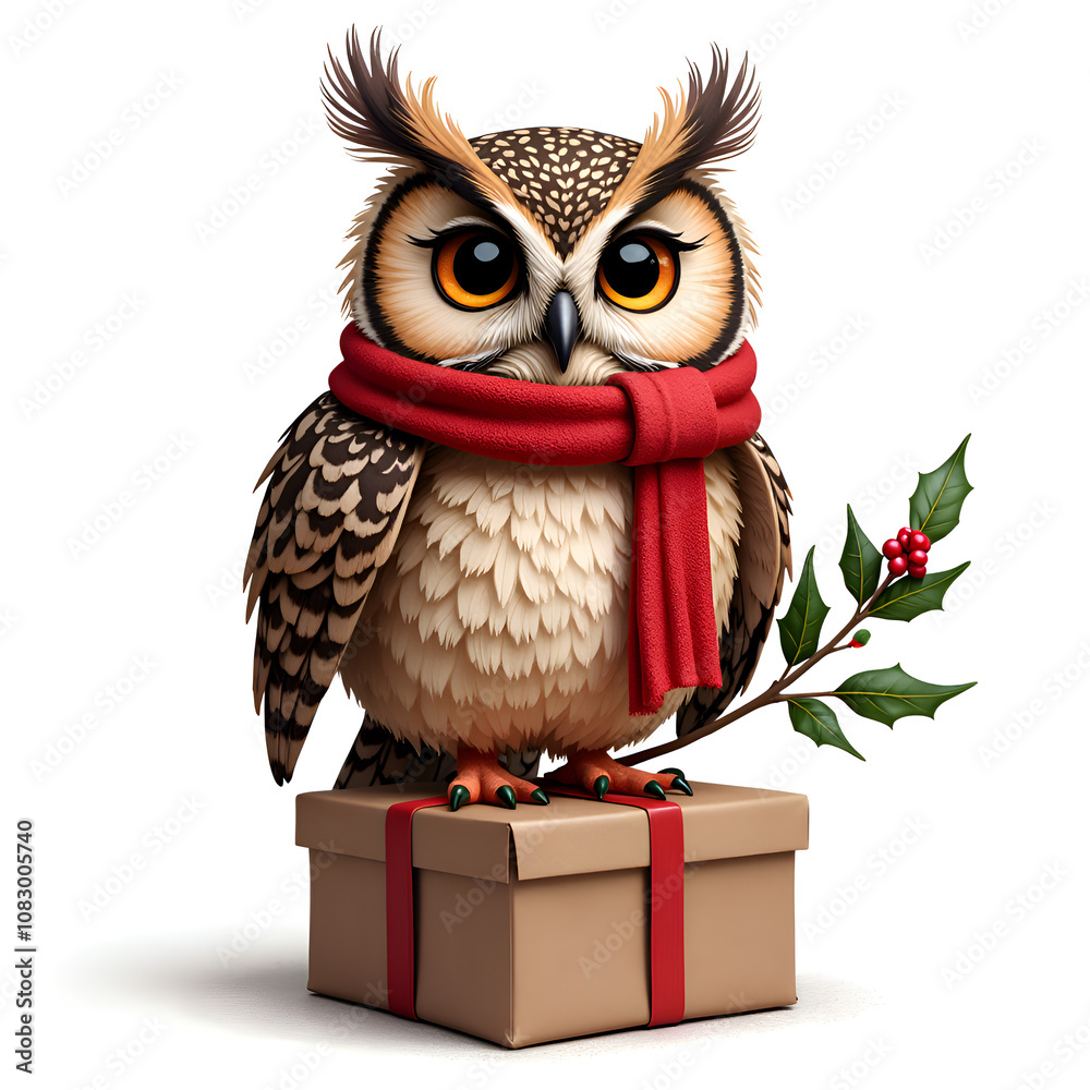 Obraz premium Whimsical owl dressed in a red scarf sitting on a gift box with holly decoration, digital art of character design concept.