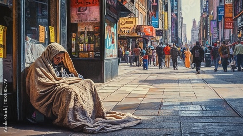 A woman sits on the sidewalk with a blanket wrapped around him. The scene is set in a busy city street with many people walking by