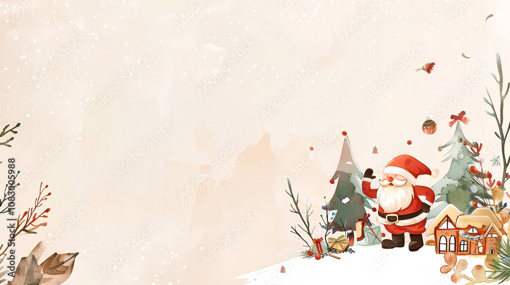 Naklejka premium cute Christmas card template of Santa Claus, small houses, and trees in pastel colors on the right side, a blank area for text at the top left corner, a light beige background