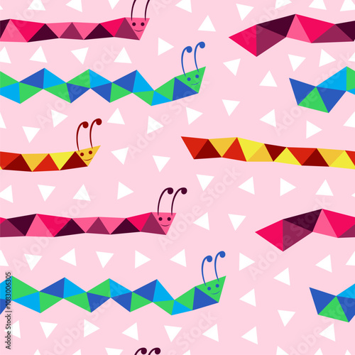 Mosaic triangle shape snakes seamless print. Snakes on pink background. Colorful snakes. White triangles.