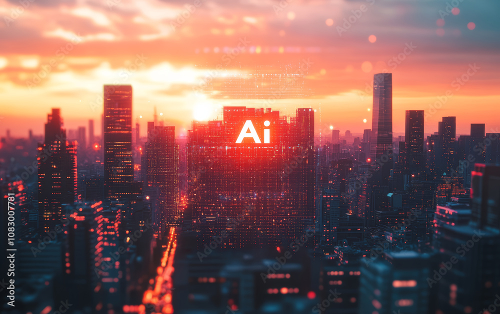 Naklejka premium Modern urban architecture and Ai artificial intelligence technology theme background 