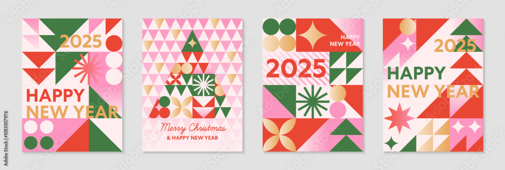 Naklejka premium Christmas and Happy New Year greeting banner templates.Festive vector backgrounds with abstract christmas tree and winter holiday symbols.Holiday designs for branding,invitations,prints,smm,covers