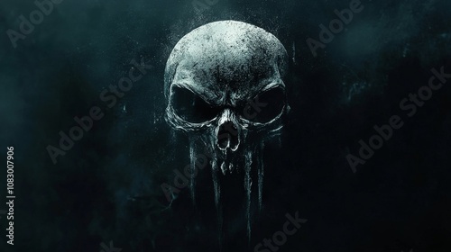 Punisher skull emerging from dark smoke and dust